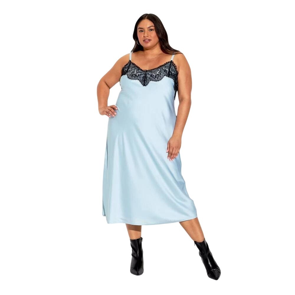 Wild Fable Women's Blue Lace Trim Satin A Line Midi Dress Size XXL